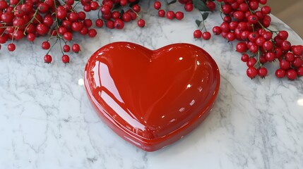 Glossy Red Heart Shaped Object on Marble Table with Red Berries