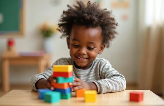 Smiling black boy plays colorful building blocks. Child constructs tower learning in classroom. Preschool education, development. Happy kid engaged in educational activity. Cognitive skills, early - Powered by Adobe
