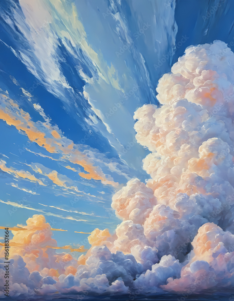 Poster Wisps of dramatic clouds stretch across the evening sky, illuminated by warm hues of sunset. The vibrant display contrasts against the tranquil blues, creating a serene atmosphere Generative AI