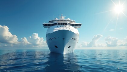 Naklejka premium White luxury cruise ship floats on calm blue ocean water. Bright sunny day, clouds and sky. Vacation time, travel destination, sea voyage, transport, tourism concept, leisure cruise.