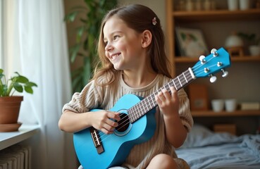 Fototapeta premium Happy girl plays blue ukulele at home. Young female musician smiling while practices playing a musical instrument. Child enjoys music hobby. Charming girl on music lesson with ukulele.