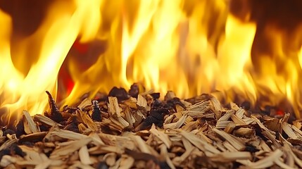 Burning Wood Chips Close Up Fiery Flames Background