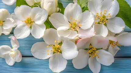 Beautiful White Apple Blossoms on Blue Wood Background