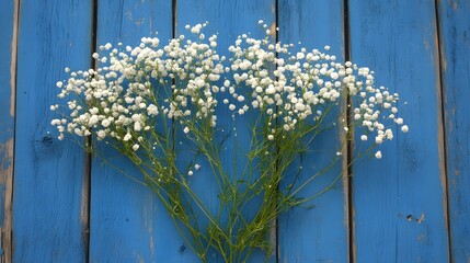 White Baby's Breath Flowers on Rustic Blue Wood Background