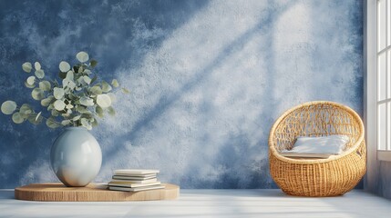 Serene Room Interior Design with Wicker Chair and Eucalyptus