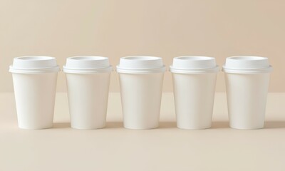 Five blank white paper coffee cups with lids lined up in a row. A clean, minimalist mockup template for branding on a neutral beige background, perfect for a modern cafe or takeaway conc