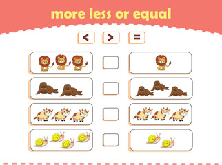 More, less or equal. Count the amount of cute wild animals. Educational math game for kids. Vector Illustration