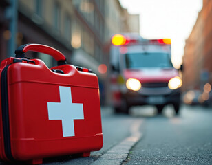 Red first aid kit stands on city street. Ambulance car with flashing lights drives, urgent response. Focus on kit with medical cross symbol, emergency medical service.