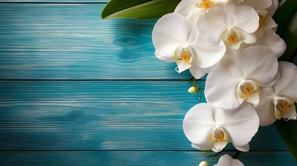 Elegant White Orchids on Teal Wooden Background