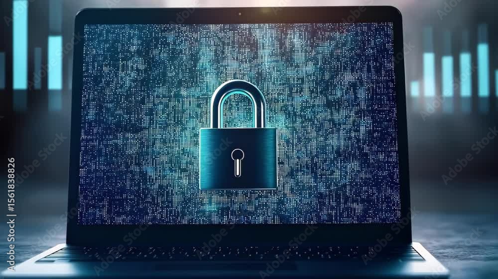 Poster a laptop screen displaying a digital lock symbol, representing cybersecurity and data protection.