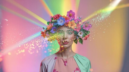 Emerging golden particles drifting across woman in pastel top at studio, fading around floral crown - Powered by Adobe