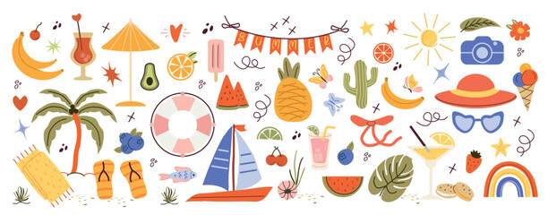 trendy, tropical fruits, desserts, summer element. naive, summer set, isolated figures on a white background. minimalist, childish, naive style. for print, banner, social network, business. art vector