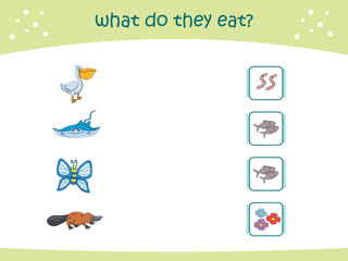 What do they eat matching game for kids with cute wild animals. activity page for kindergarteen and preschool. Vector illustration