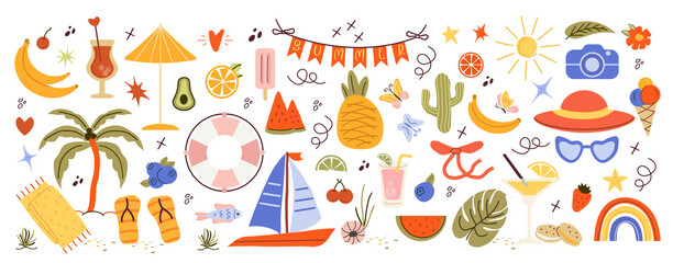 trendy, tropical fruits, desserts, summer elements. naive, summer set, isolated figures on a white background. minimalist, childish, naive style. for print, banners, social networks, business. art png