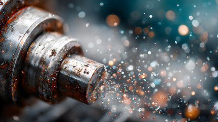 Close-up of a rusty metal component with sparks flying, showcasing the intricate details of machinery in a workshop environment, emphasizing craftsmanship and industrial beauty. Selective focus