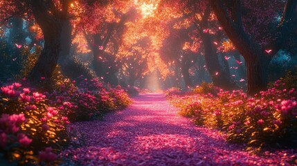 A magical pathway lined with vibrant flowers and trees.