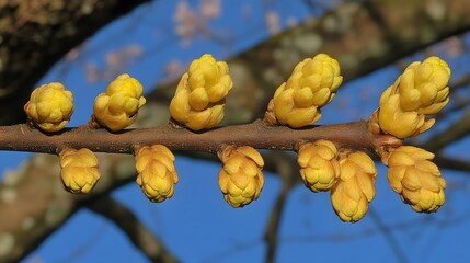 Closeup of Yellow Flower Buds on Branch Spring Blossom