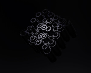 Concept flies abstract objects in space. Abstraction cylinder pattern background. 3d illustration, 3d rendering.