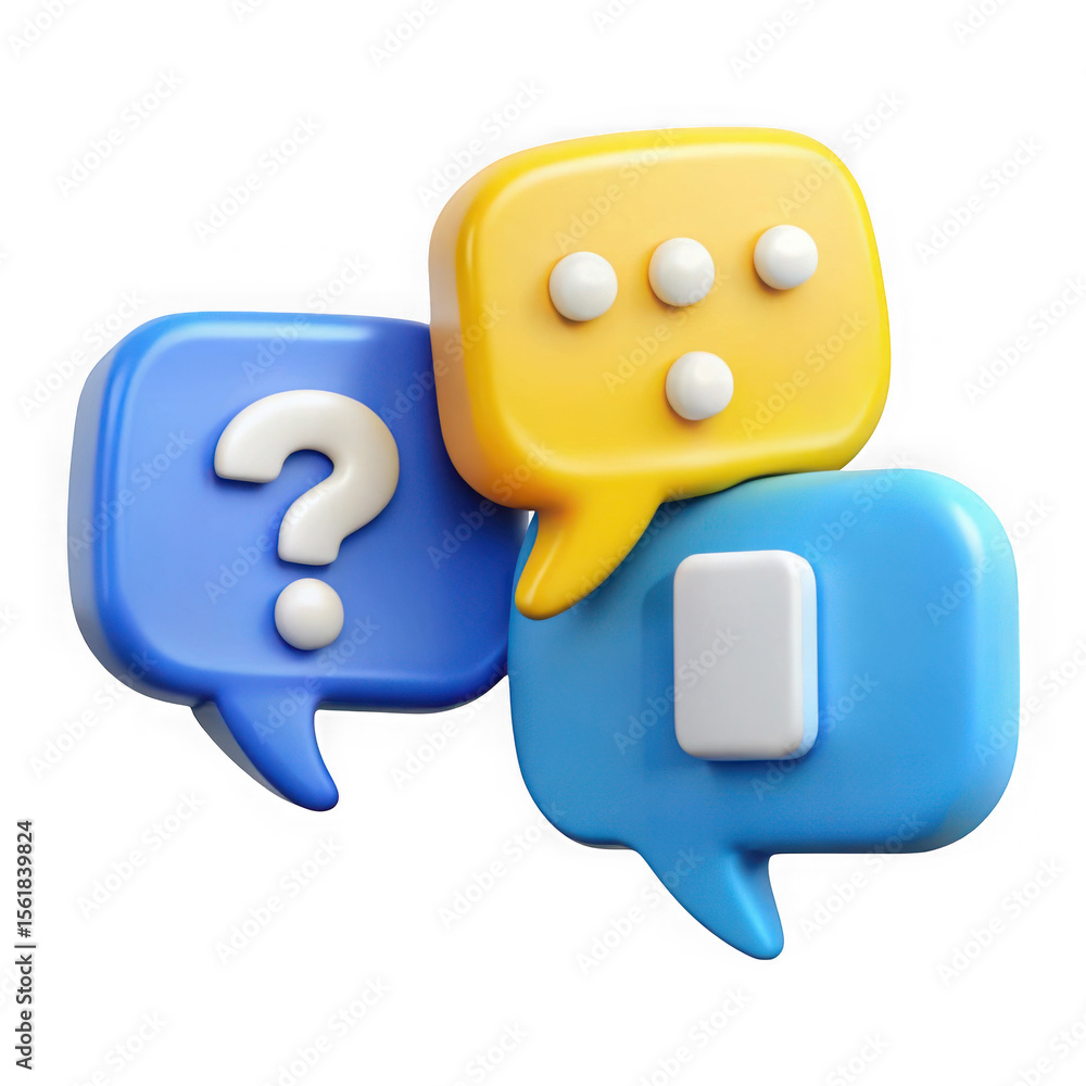 Poster three 3d speech bubbles with question mark and typing indicator isolated on transparent background