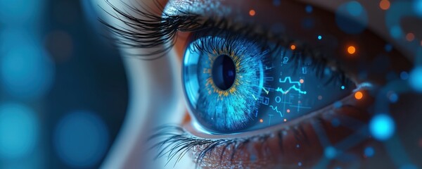 Digital blue eye with data visualization charts, graphs floating front. Represents advanced AI technology for processing information. High-tech futuristic concept, data analysis, artificial