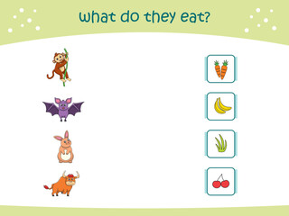 What do they eat matching game for kids with cute wild animals. activity page for kindergarteen and preschool. Vector illustration
