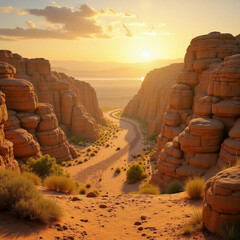 Golden light spills across captivating rock formations in ancient biblical lands, illuminating a winding path. The tranquil atmosphere invites reflection on Hebrew heritage and time Generative AI