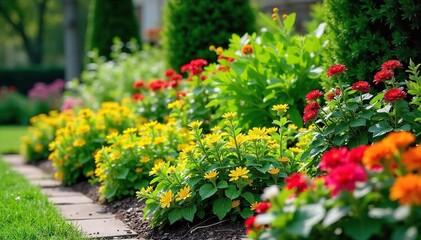 Thriving Summer Garden Lush Plants & Colorful Blooms in a Meticulously Designed Landscape