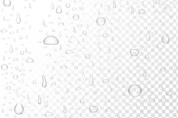 Water drop texture. Droplet condense glass background. Rain drip window bg. Drink banner. Shower vapor splash pattern. Waterdrop frame. Vector illustration