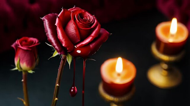 Bleeding red roses with candles