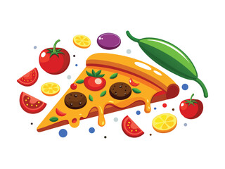 A delicious slice of pizza with toppings and fresh ingredients isolated on white background
