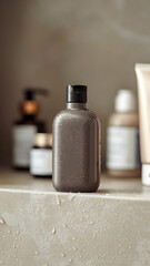 A photo of a sleek, matte lotion bottle with a blank label placed on a neutral-toned bathroom shelf.