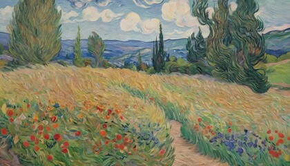A colorful meadow bursts with vibrant wildflowers swaying gently in the breeze, bordered by tall trees reaching towards the sky, creating a peaceful and inviting atmosphere Generative AI