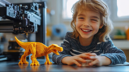 Smiling child, young boy with 3d printed dinosaur in creative home workshop