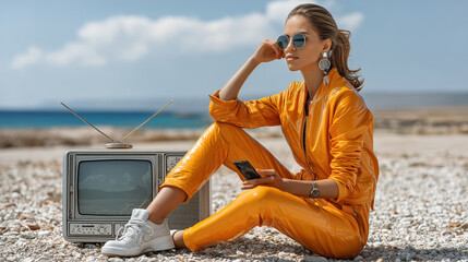Retro futuristic fashion on beachfront: nostalgic beauty in modern style for creative design