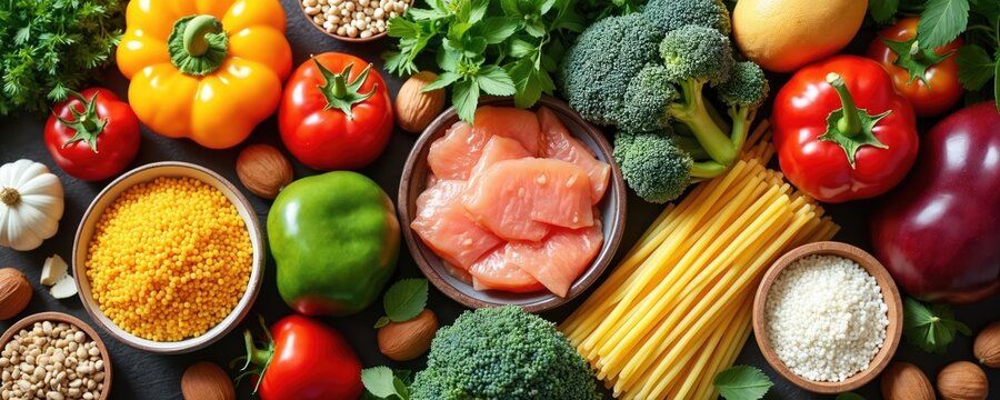 Variety of colorful healthy whole foods. Fresh vegetables fruit, grains nuts, protein, balanced diet concept. Variety of ingredients for healthy diet. Good nutrition.