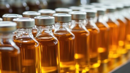 Many amber liquid-filled vials lined up on a tray.