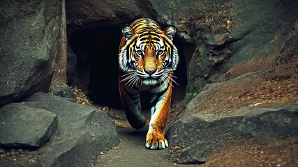 Majestic tiger walks into cave, dramatic rock formations in background. Use wildlife photography