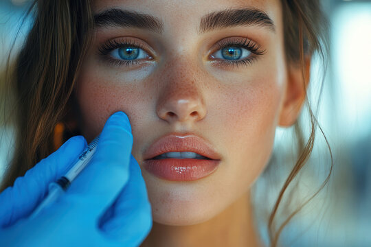 Close-up of young woman receiving cosmetic injection for skin enhancement treatment