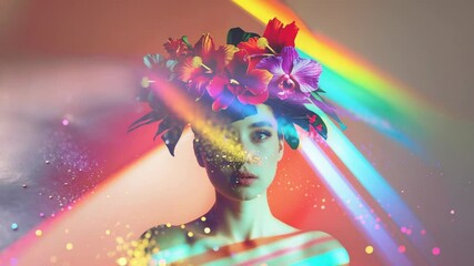 Reacting to golden beam, female model tilting head in studio, with floral crown and rainbow glitter - Powered by Adobe