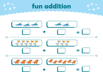 Game for children fun addition by counting cute wild animals pictures printable worksheet vector