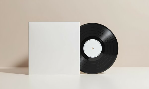 Black vinyl LP record standing next to its blank white album cover. A clean, retro-style mockup template for showcasing music artwork or branding, set against a minimalist beige backgr