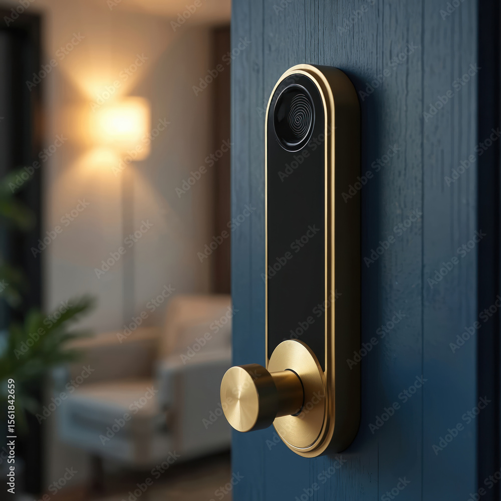 Poster modern biometric fingerprint door lock. smart home security system. digital access control with fing