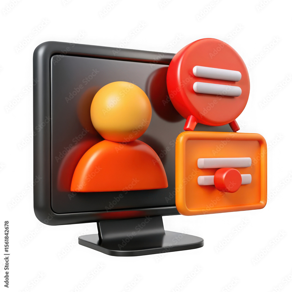 Poster 3d user profile and settings icons on computer screen isolated on transparent background
