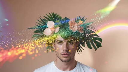 Glitter band appearing triggers model opening eyes slowly in studio, highlighting leaf orchid crown - Powered by Adobe