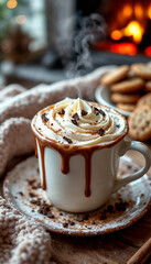 Steaming mug of rich hot chocolate with whipped cream