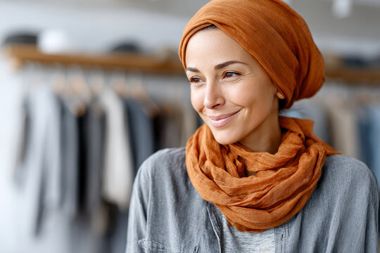 A smiling woman wearing an orange headscarf and matching scarf, looking thoughtfully to the side in a softly blurred indoor setting.