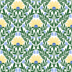 Abstract yellow flowers seamless pattern. Stylized hand drawn symmetric flowers and green leaves on white background. Repeat ornamental floral allover backdrop