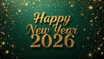Happy New Year 2026 text in elegant golden typography on a rich green background, confetti and sparkles, festive celebration theme