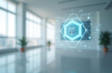 Futuristic tech illustration wireless technology hologram with hexagon shape on modern interior background. Artificial intelligence, machine learning concept. Virtual interface connection network in