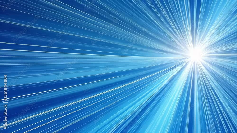 Poster a bright light source radiating beams of blue and white light, creating an effect of motion and ener